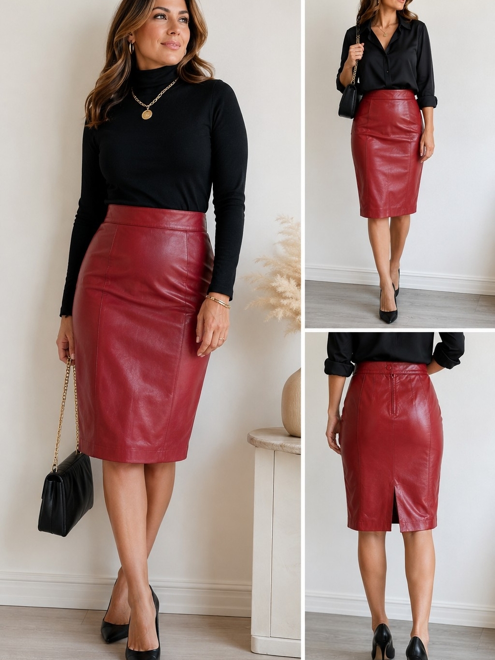 High-Waist Burgundy Red Leather Pencil Skirt W13/ L25